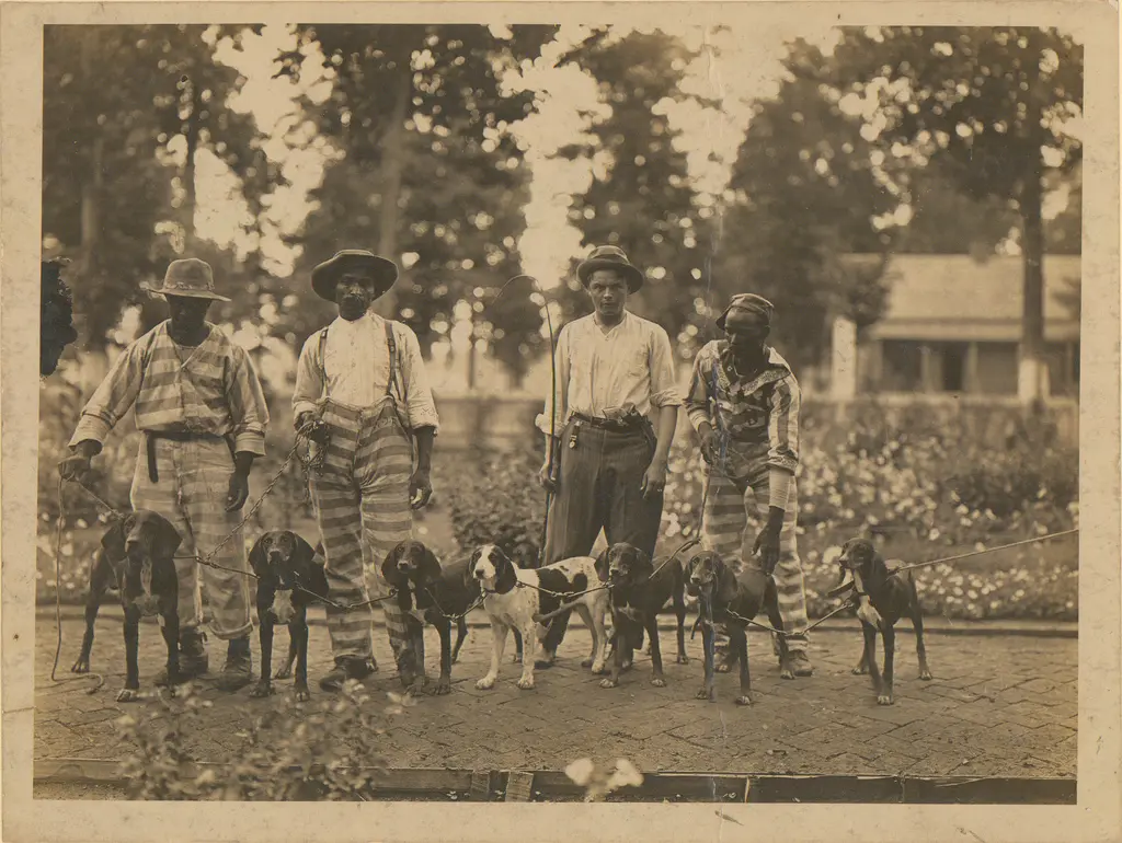 From Parchman Penitentiary. Male prisoners and guard with dogs, circa 1930 (Source: Mississippi Department of Archives and History)